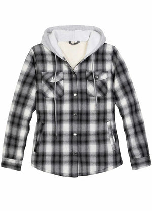 Front view of a women's black white sherpa-lined flannel jacket with hood
