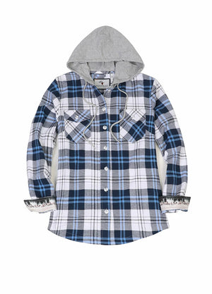Front view of a women's button-up white blue plaid flannel hooded shirt