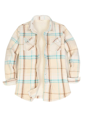 Front view of a women's cream sherpa-lined plaid shirt jacket