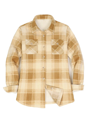 Front view of a women's yellow button up plaid shacket with sherpa lined