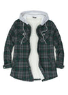Front view of a women's green grey sherpa-lined flannel plaid hooded