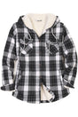 Front view of a women's gray and white winter cozy sherpa lined plaid hooded