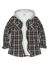 Front view of a women's khaki brown sherpa-lined flannel plaid hooded