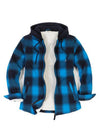 Front view of a women's blue plaid flannel shirt jacket with fleece hood