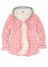 Front view of a women's pink sherpa-lined flannel jacket with fleece hood
