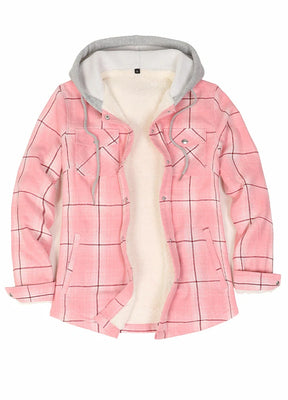 Front view of a women's pink sherpa-lined flannel jacket with fleece hood
