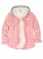 Front view of a women's pink sherpa-lined flannel jacket with fleece hood