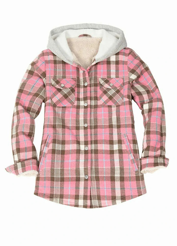 Women s Sherpa Lined Snap Button Flannel Jacket with Fleece Hood Pink