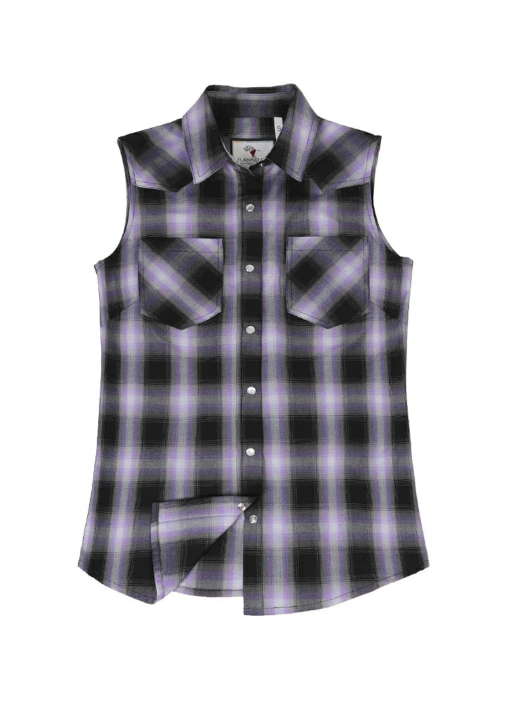 Front view of a women's purple black plaid summer soft sleeveless vest