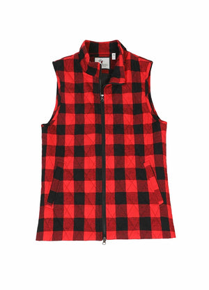 Front view of a women's red black flannel plaid quilted vest with full zip