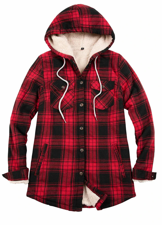 Matching Family Outfits Women s Sherpa Lined Red Flannel Jacket with Hood FlannelGo