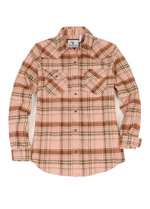 Front view of a women's snap button pink plaid cozy flannel shirt