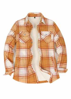 Front view of a women's snap sherpa lined yellow plaid flannel jacket