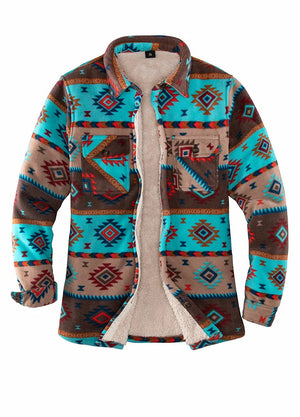 Front view of womens brown blue sherpa-lined Aztec fleece jacket