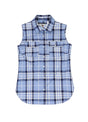 Front view of a womens blue plaid breathable cozy sleeveless vest