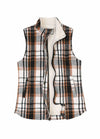 Front view of a womens black and white full zip sherpa lined plaid vest