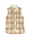 Front view of a womens light khaki full zip sherpa lined plaid vest
