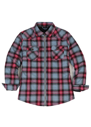Front view of a women's quilted-lined pink blue plaid flannel shirt jacket