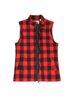 Front view of a womens black and red flannel quilted vest with hand pockets