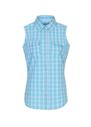 Front view of a womens baby blue plaid breathable cozy sleeveless vest