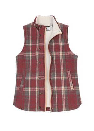 Front view of a womens purple full zip sherpa lined plaid vest