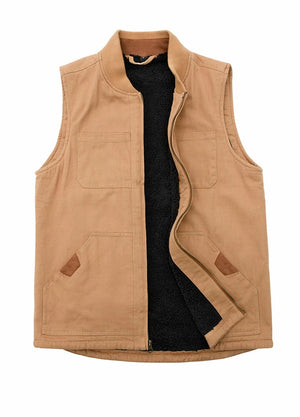 Front view of men's dark khaki canvas vest with sherpa lined