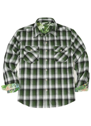 Front view of men's forest green plaid flanne shirt