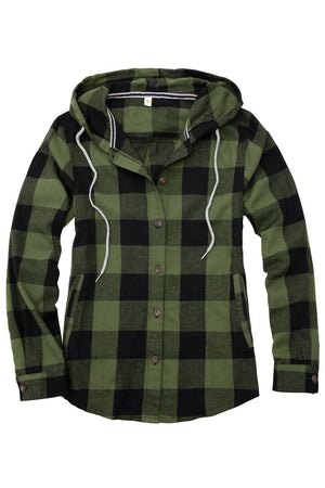 Front view of women's army green plaid flannel hooded with button up