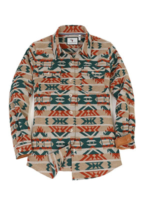 Front view of women's khaki aztec wool blend shirt