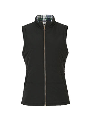 Front view of women's black full-zip warm flanne-lined puffer vest