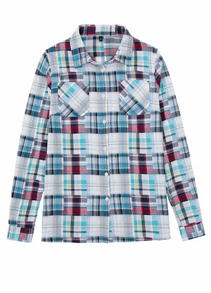 Front view of women's irregular plaid blue and white plaid patchwork style shirt