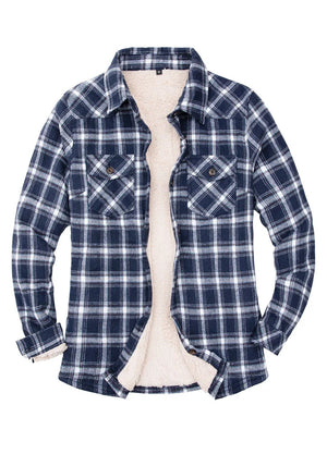 Front view of women's new navy plaid flannel jacket with sherpa lined