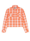 Front view of women's orange cropped long-sleeves plaid flannel shirt