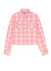 Front view of women's pink cropped long-sleeves plaid flannel shirt