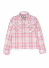 Front view of womens light pink cropped plaid flannel shirt