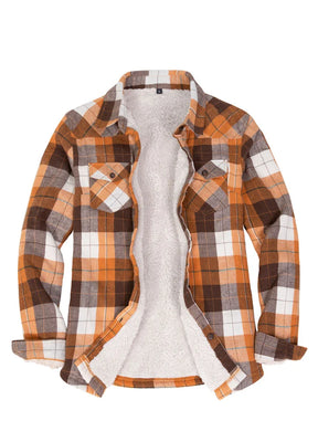 Front view of womens sherpa lined orange black plaid flannel shacket with button down-XR125TJM0XS,XR125TJM0S,XR125TJM0M,XR125TJM0L,XR125TJM0XL,XR125TJM0XXL