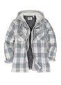 Front view of womens white and blue quilted-lined flannel jacket with hood