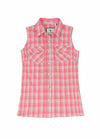 Front view of womens pink plaid flannel vest with sleeves-less