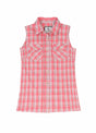 Front view of womens pink plaid flannel vest with sleeves-less