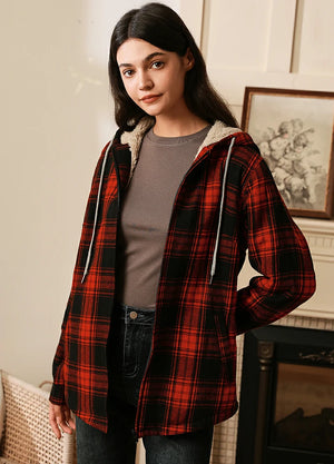 Side view of women in a red black full zip Hooded with sherpa lined
