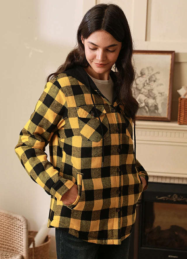 Women s Quilted Lined Hooded Plaid Flannel Shirt Jacket with Hood Yellow XL