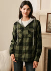 Women in a army green button-down plaid hooded with fleece lined