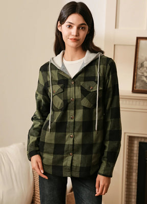 Women in a army green button-down plaid hooded with fleece lined