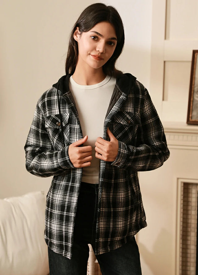 Women s Quilted Lined Hooded Plaid Flannel Shirt Jacket with Hood FlannelGo