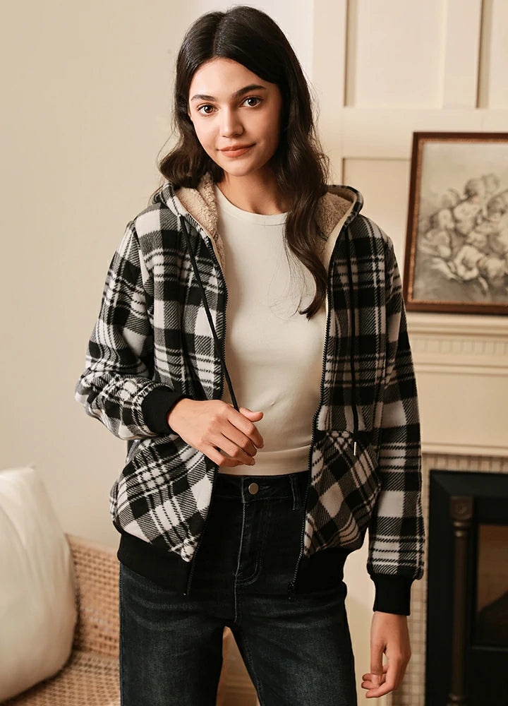 Women s Sherpa Lined Hoodie Jacket Plaid Zip Up Hooded Sweatshirt FlannelGo