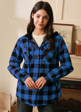 Women's Quilted Lined Hooded Plaid Flannel Shirt Jacket with Hood