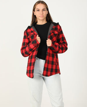 Women in a black and red button up flannel shirt jacket with hood
