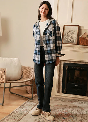 Women in a long-sleeves white blue plaid flannel hooded with chest pocket