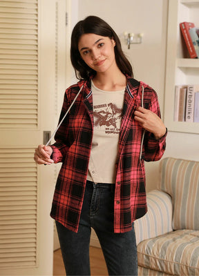 Close-up of the snap button on pink women's lightweight flannel plaid hoodie button up-XR171PK-S,XR171PK-M,XR171PK-L,XR171PK-XL,XR171PK-XXL
