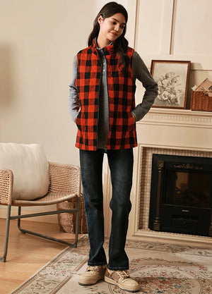 Women in a red black warm sleeveless zip up flannel plaid vest